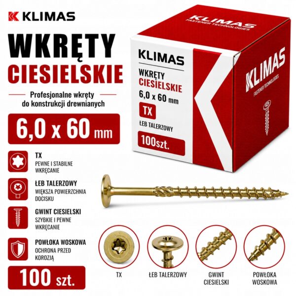 KLIMAS Wkręty ciesielskie 6 x 60 mm do drewna łeb talerzowy Torx 100 szt.
