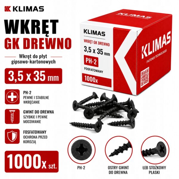 2bb2086fa4dc0f2770d14069be04ba59 KLIMAS Wkręty do płyt G-K do drewna Wkręt-Met 3,5 x 35 mm 1000 szt.