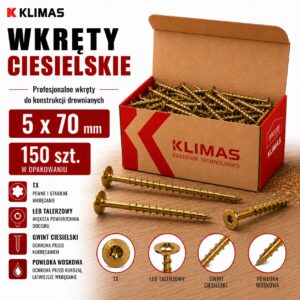 KLIMAS Wkręty ciesielskie 5 x 70 mm do drewna łeb talerzowy Torx 150 szt.