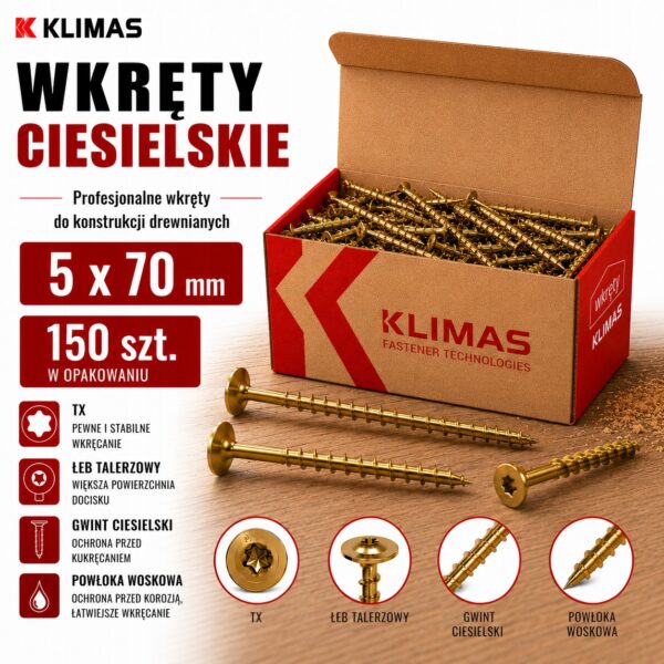 KLIMAS Wkręty ciesielskie 5 x 70 mm do drewna łeb talerzowy Torx 150 szt.