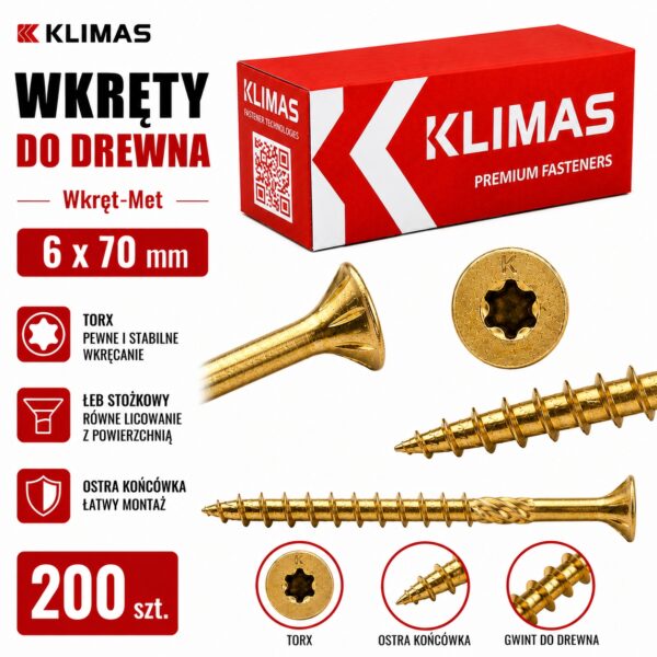 Wkręty do drewna 4x70 mm 200 szt. TORX stożkowe Klimas WKCS