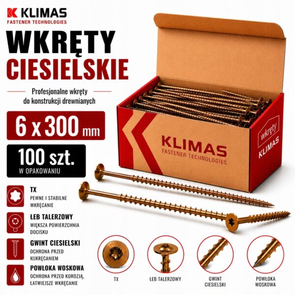 KLIMAS Wkręty ciesielskie 6 x 300 mm do drewna łeb talerzowy Torx 100 szt.