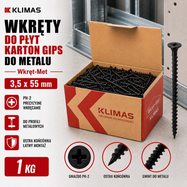 KLIMAS Wkręty do płyt karton gips do metalu Wkręt-Met 3,5 x 55 mm 1KG