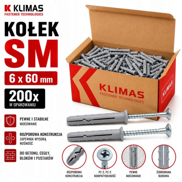 KLIMAS Kołek szybkiego montażu SM 6x60 mm gniazdo PZ-2 PZ-3 200 szt.