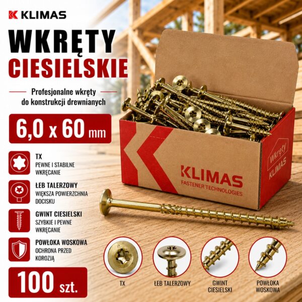 KLIMAS Wkręty ciesielskie 6 x 60 mm do drewna łeb talerzowy Torx 100 szt.