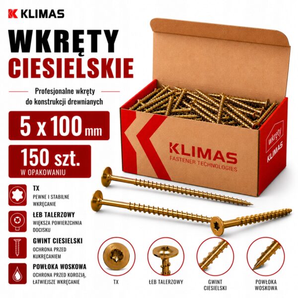 KLIMAS Wkręty ciesielskie 5 x 100 mm do drewna łeb talerzowy Torx 150 szt.