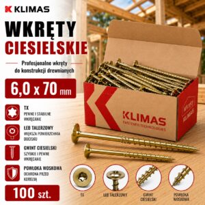 KLIMAS Wkręty ciesielskie 6 x 70 mm do drewna łeb talerzowy Torx 100 szt.