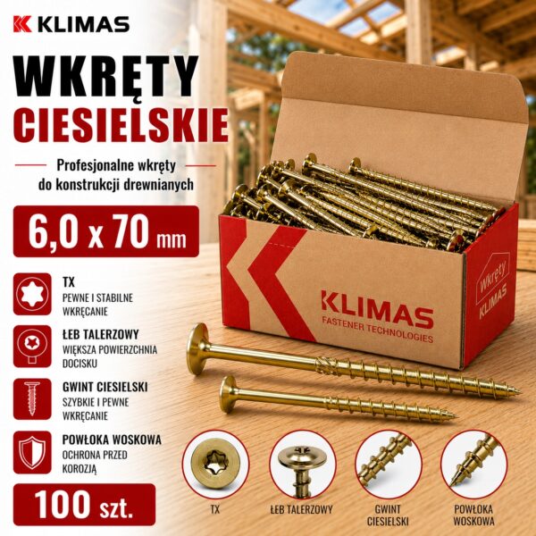 KLIMAS Wkręty ciesielskie 6 x 70 mm do drewna łeb talerzowy Torx 100 szt.