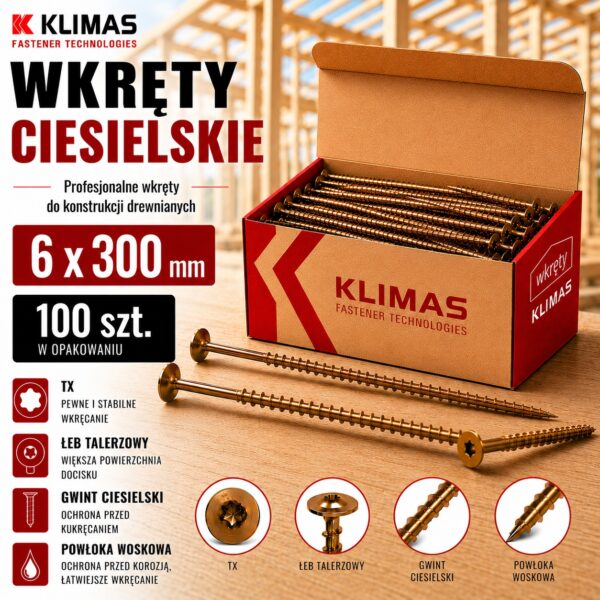 KLIMAS Wkręty ciesielskie 6 x 300 mm do drewna łeb talerzowy Torx 100 szt.