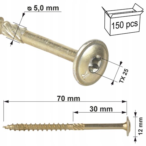 KLIMAS Wkręty ciesielskie 5 x 70 mm do drewna łeb talerzowy Torx 150 szt.