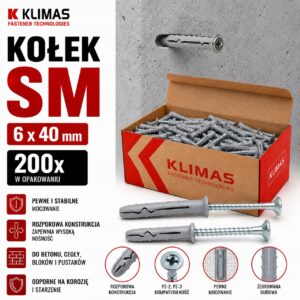 KLIMAS Kołek szybkiego montażu SM 6x40 mm gniazdo PZ-2 PZ-3 200 szt.