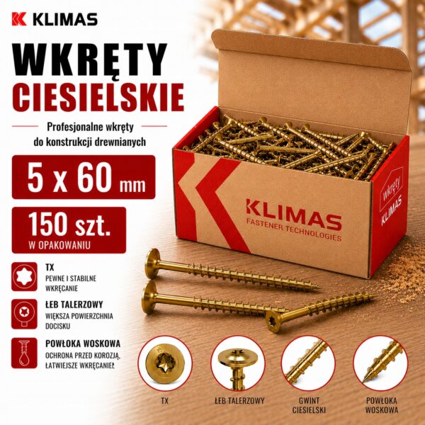 KLIMAS Wkręty ciesielskie 5 x 60 mm do drewna łeb talerzowy Torx 150 szt.