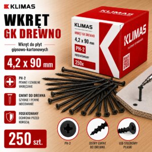 KLIMAS Wkręty do płyt G-K do drewna Wkręt-Met 4,2 x 90 mm 250 szt.