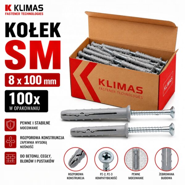 KLIMAS Kołek szybkiego montażu SM 8 x 100 mm gniazdo PZ-2 PZ-3 100 szt.