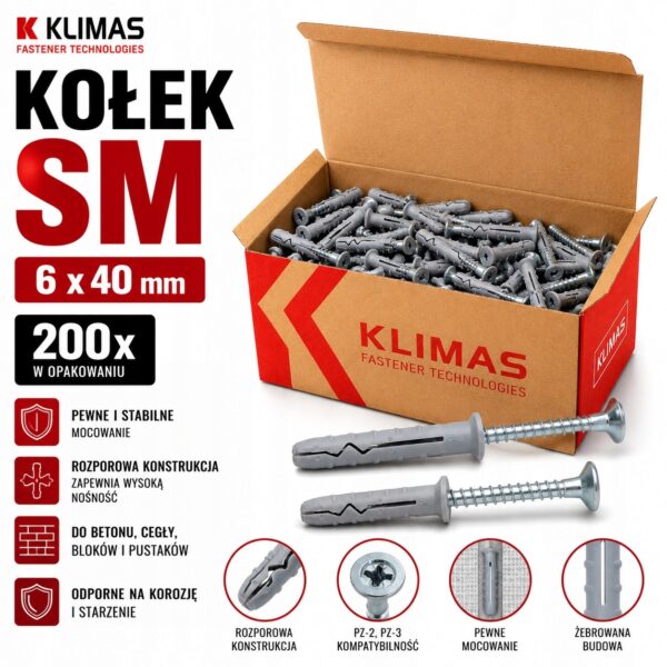 KLIMAS Kołek szybkiego montażu SM 6x40 mm gniazdo PZ-2 PZ-3 200 szt.