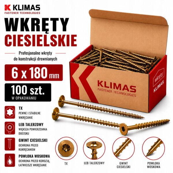 8036370da165c6bbb245b5d287c972a7 KLIMAS Wkręty ciesielskie 6 x 180 mm do drewna łeb talerzowy Torx 100 szt.