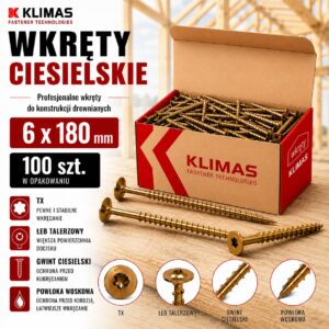 KLIMAS Wkręty ciesielskie 6 x 180 mm do drewna łeb talerzowy Torx 100 szt.
