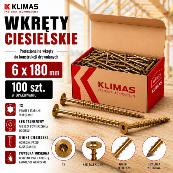 85822e17047b1179cd97d083d7d4c56d KLIMAS Wkręty ciesielskie 6 x 180 mm do drewna łeb talerzowy Torx 100 szt.