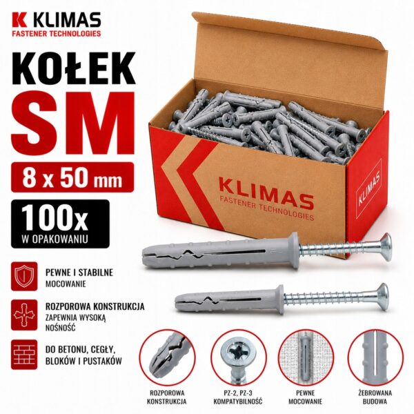 89304a74db8134e0f1fedeec9f918294 KLIMAS Kołek szybkiego montażu SM 8 x 50 mm gniazdo PZ-2 PZ-3 100 szt.
