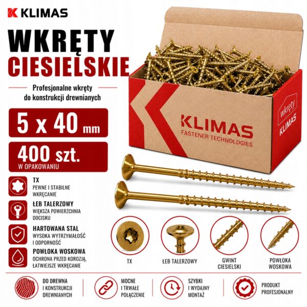KLIMAS Wkręty ciesielskie 5 x 40 mm do drewna łeb talerzowy Torx 400 szt.