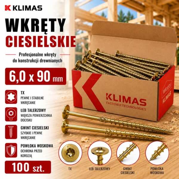 KLIMAS Wkręty ciesielskie 6 x 90 mm do drewna łeb talerzowy Torx 100 szt.