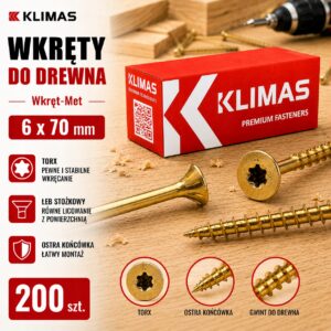 Wkręty do drewna 4x70 mm 200 szt. TORX stożkowe Klimas WKCS