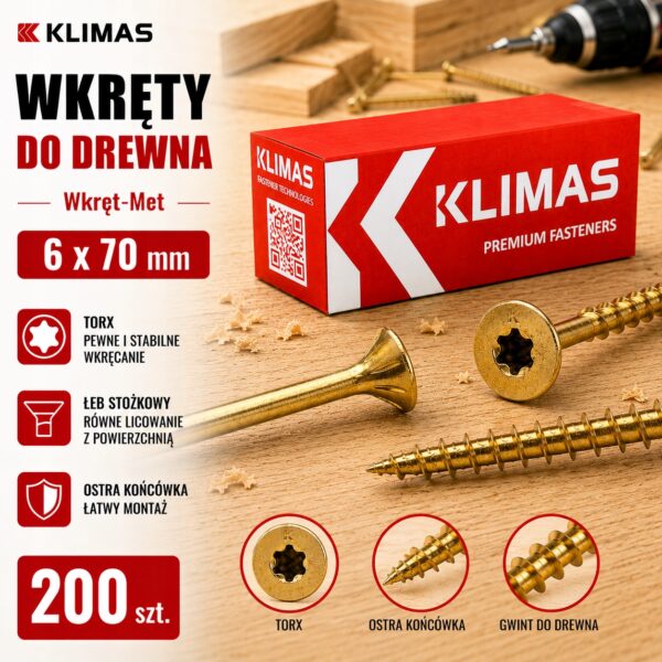 Wkręty do drewna 4x70 mm 200 szt. TORX stożkowe Klimas WKCS