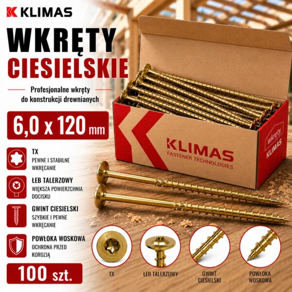 KLIMAS Wkręty ciesielskie 6 x 120 mm do drewna łeb talerzowy Torx 100 szt.
