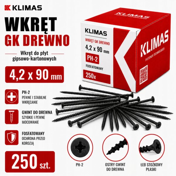 KLIMAS Wkręty do płyt G-K do drewna Wkręt-Met 4,2 x 90 mm 250 szt.