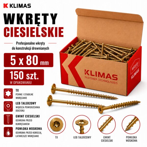 KLIMAS Wkręty ciesielskie 5 x 80 mm do drewna łeb talerzowy Torx 150 szt.