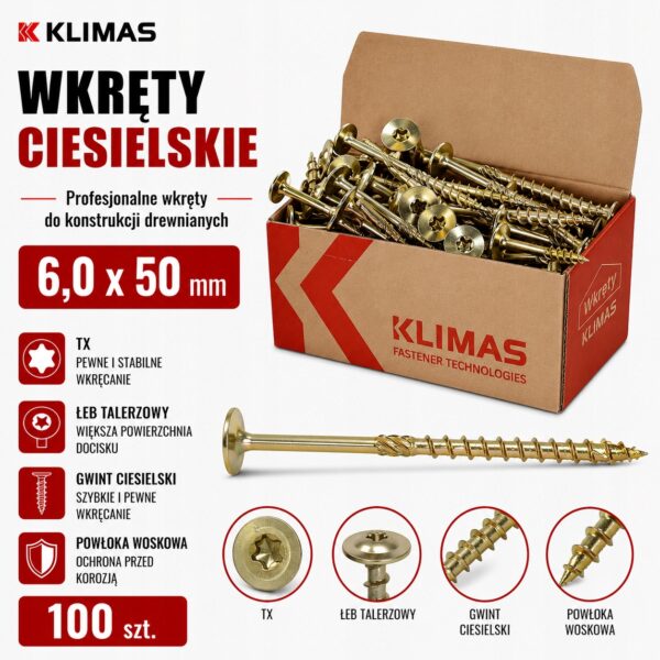 97baf2026ec76dd9b268c71e1357214c KLIMAS Wkręty ciesielskie 6 x 50 mm do drewna łeb talerzowy Torx 100 szt.