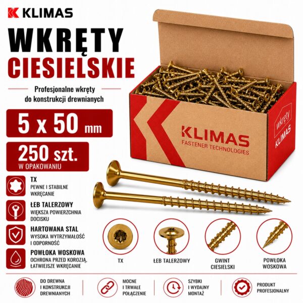 KLIMAS Wkręty ciesielskie 5 x 50 mm do drewna łeb talerzowy Torx 250 szt.