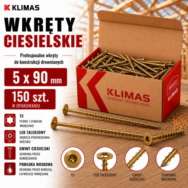 KLIMAS Wkręty ciesielskie 5 x 90 mm do drewna łeb talerzowy Torx 150 szt.