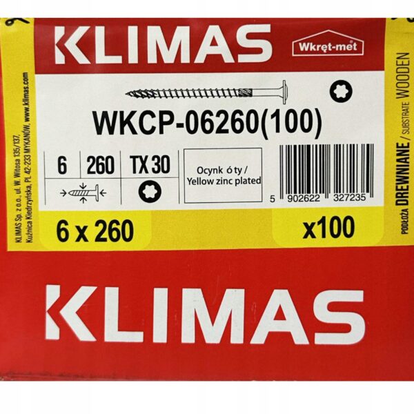 a283188a79cef4ebcf2fc298ee510814 KLIMAS Wkręty ciesielskie 6 x 260 mm do drewna łeb talerzowy Torx 100 szt.