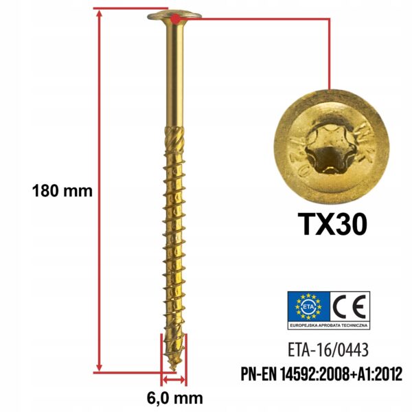 a2c439b34505643aa857d46834aeebfc KLIMAS Wkręty ciesielskie 6 x 180 mm do drewna łeb talerzowy Torx 100 szt.