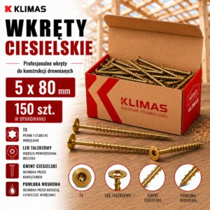 KLIMAS Wkręty ciesielskie 5 x 80 mm do drewna łeb talerzowy Torx 150 szt.