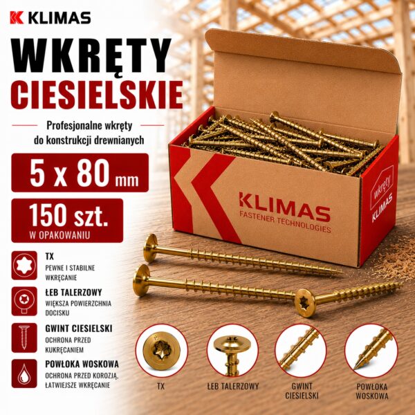 KLIMAS Wkręty ciesielskie 5 x 80 mm do drewna łeb talerzowy Torx 150 szt.