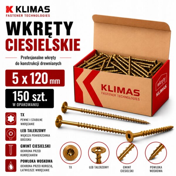 KLIMAS Wkręty ciesielskie 5 x 120 mm do drewna łeb talerzowy Torx 150 szt.