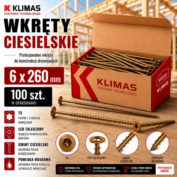 ac7b42bb8ccf464e41db8edacb276365 KLIMAS Wkręty ciesielskie 6 x 260 mm do drewna łeb talerzowy Torx 100 szt.