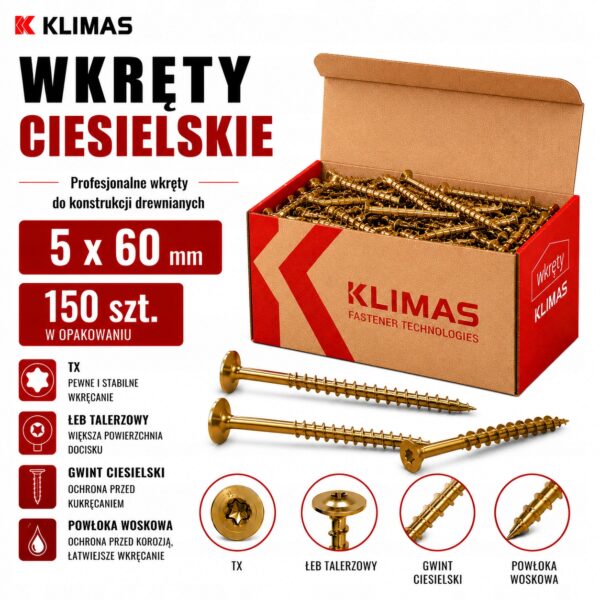 KLIMAS Wkręty ciesielskie 5 x 60 mm do drewna łeb talerzowy Torx 150 szt.