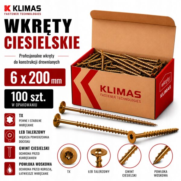 KLIMAS Wkręty ciesielskie 6 x 200 mm do drewna łeb talerzowy Torx 100 szt.