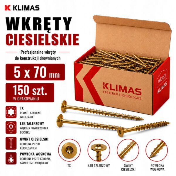 KLIMAS Wkręty ciesielskie 5 x 70 mm do drewna łeb talerzowy Torx 150 szt.