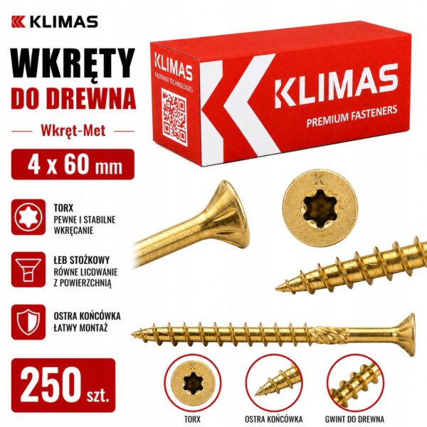 KLIMAS Wkręty do drewna Wkręt-Met 4 x 60 mm TORX łeb stożkowy 250 szt.