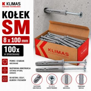 KLIMAS Kołek szybkiego montażu SM 8 x 100 mm gniazdo PZ-2 PZ-3 100 szt.