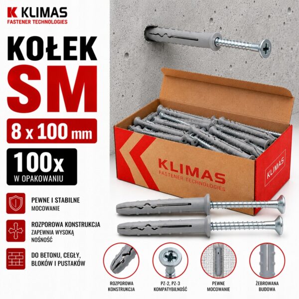 KLIMAS Kołek szybkiego montażu SM 8 x 100 mm gniazdo PZ-2 PZ-3 100 szt.