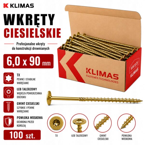KLIMAS Wkręty ciesielskie 6 x 90 mm do drewna łeb talerzowy Torx 100 szt.