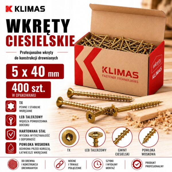 KLIMAS Wkręty ciesielskie 5 x 40 mm do drewna łeb talerzowy Torx 400 szt.