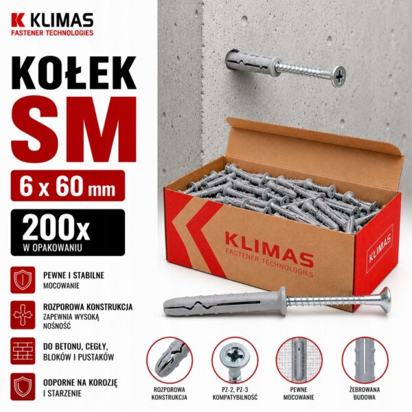 KLIMAS Kołek szybkiego montażu SM 6x60 mm gniazdo PZ-2 PZ-3 200 szt.