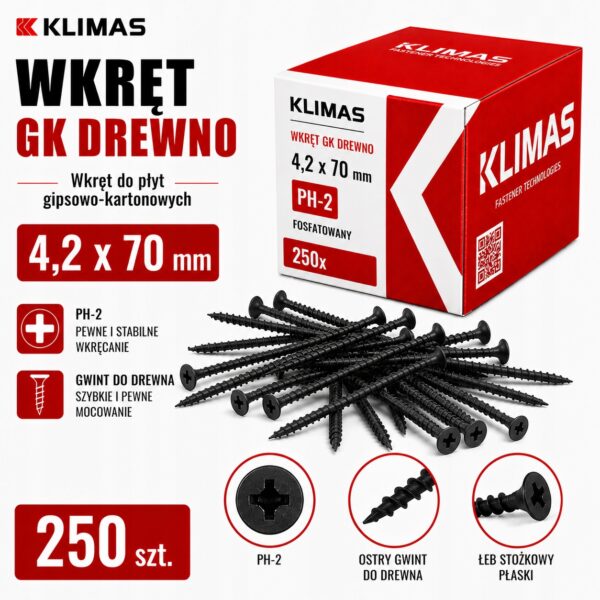 KLIMAS Wkręty do płyt G-K do drewna Wkręt-Met 4,2 x 70 mm 250 szt.