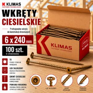 KLIMAS Wkręty ciesielskie 6 x 240 mm do drewna łeb talerzowy Torx 100 szt.